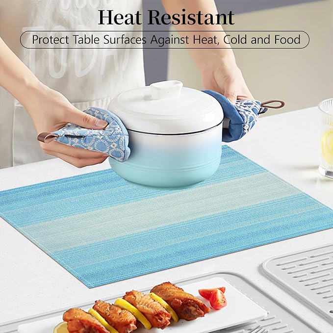 Bloss Blue Placemats Set of 6, Linen Woven Place Mats for Kitchen Table Indoor/Outdoor, 12" x 18" Washable Gradient Blue Placemat Dining Table Mats