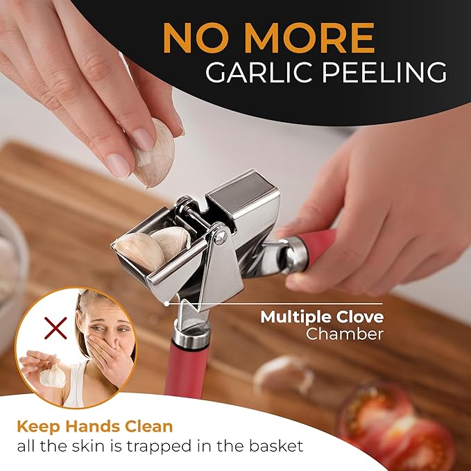 ORBLUE Garlic Press and Peeler Set, Stainless Steel - Professional Grade Mincer, Crusher - Dishwasher Safe & Rust-proof, Red