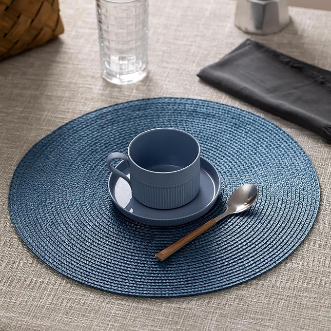 Baroyal Round Placemats Set of 4 Plastic Woven Placemats Washable Wipeable Table Mats for Dining Table Heat Resistant Non-Slip Circle Place Mats (Royal Blue)