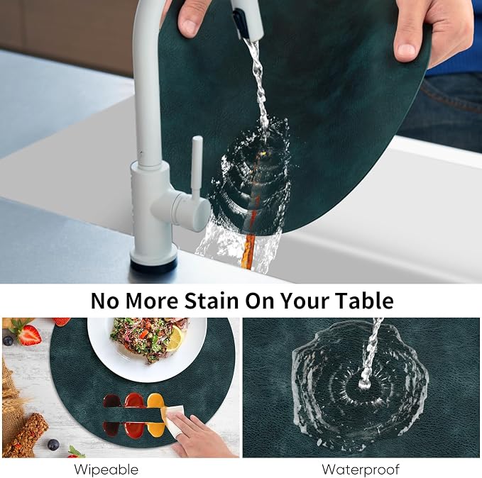ADRIMER Placemats, Heat Resistant Round Placemats Set of 8 Washable, Waterproof Table Mats, Wipeable Faux Leather Place Mats for Kitchen, Dining Room, Dark Blue