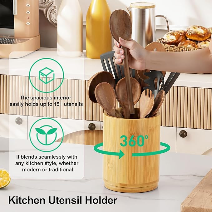 ZUJJAFY Bamboo Utensil Holder, 360° Rotating Kitchen Utensil Holder for Counter, 7.2" Large Cooking Utensil Crock for Countertop, Utensils Organizer for Cooking Spatula Storage