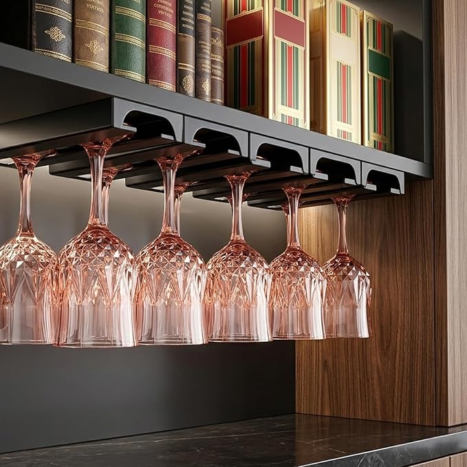 5 Pack Wine Glass Holder Under Shelf, Wine Glass Rack Under Cabinet Stemware Rack Punch Free Plastic Glassware Drying Hanger for Bar Restaurant Kitchen(Black)