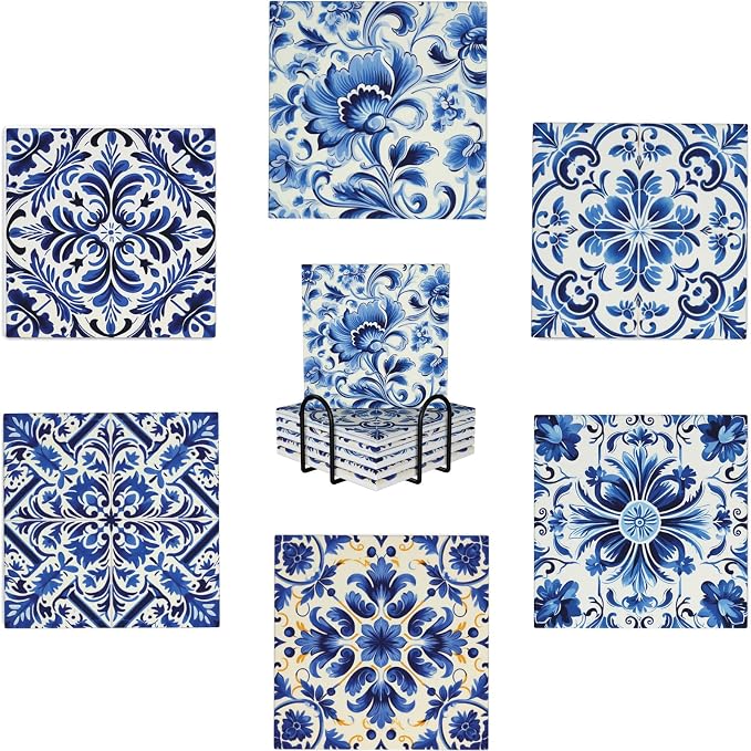 Coaster for Drinks Set of 6, Blue Vintage Spanish Ceramic Floral Absorbent Round Ceramic Stone Mat, with Cork Base and Metal Holder, Gift for Housewarming Room Bar Decor (Azulejo Tile-3)