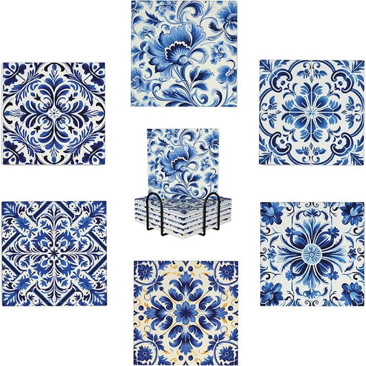 Coaster for Drinks Set of 6, Blue Vintage Spanish Ceramic Floral Absorbent Round Ceramic Stone Mat, with Cork Base and Metal Holder, Gift for Housewarming Room Bar Decor (Azulejo Tile-3)