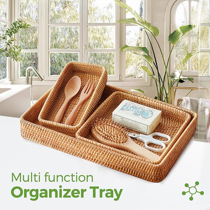 Rattan Serving Tray, Rectangle Basket Set of 3, Wicker Storage and Organizing Baskets, Natural Decorative Woven Tray for Home Decor, Bathroom, Kitchen Counter
