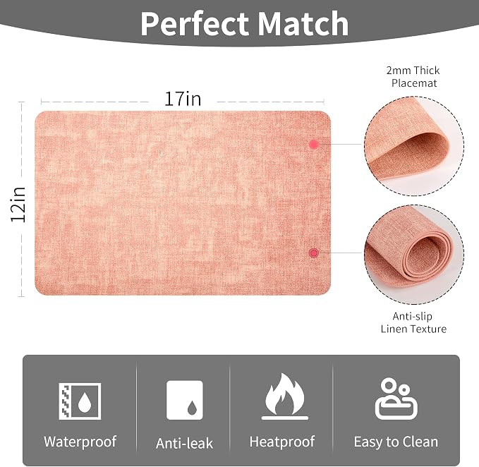 Maxpearl Faux Leather Placemats Set of 6 - Waterproof - Wipe Clean - Heat Resistant - Anti Slip Dining Table Place Mats, Suitable for Indoor & Outdoor Use, 17’’×12’’, Pink