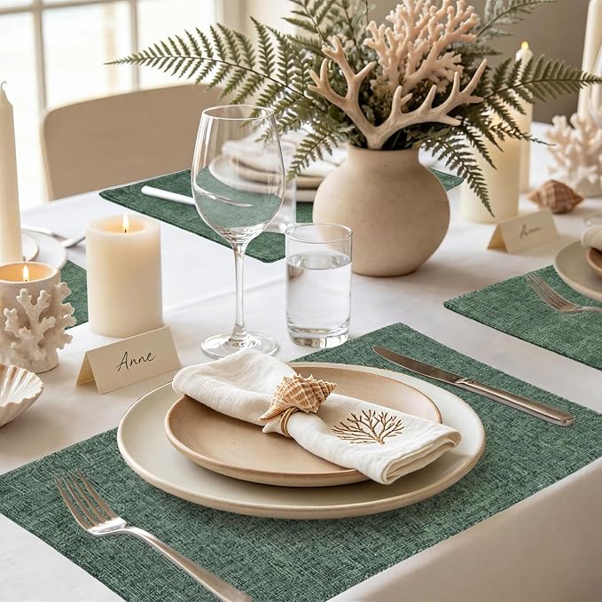 homing Faux Cotton Linen Placemats Set of 8, Cloth Washable Farmhouse Dining Table Mats for Indoors & Outdoors, Easy to Clean, Green, 13 x 19 Inch
