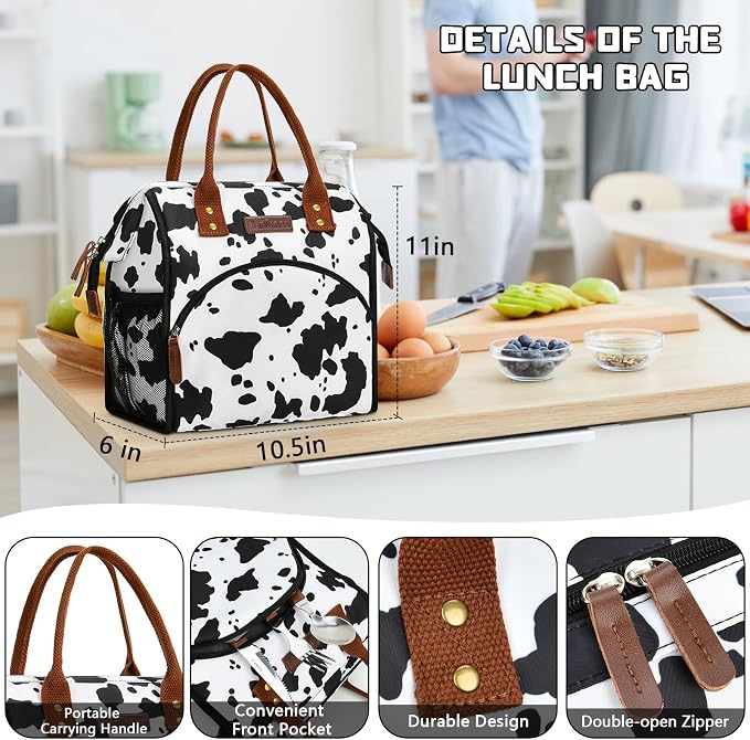 LOKASS Lunch Box for Women-Insulated Adults Lunch Bag with Front Pocket-Cute Lunch Tote for Work-Reusable Cow Print Cooler Bag for Office Picnic Beach or Travel