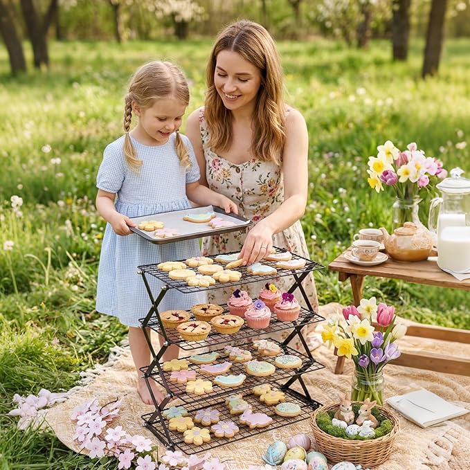 ShellKingdom 4 Tier Collapsible Cooling Rack, Outdoor Camping Picnic Shelf, Wire Cooling Rack for Baking, Cookies, Cake, Roasting, Grilling, Drying Rack - Black