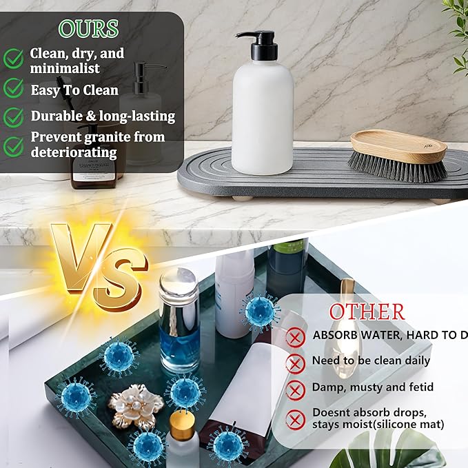 Instant Dry Sink Caddy Organizer, Fast Drying Sink Caddy, Water Absorbing Stone Sponge Holder for Kitchen and Bathroom Countertop with Natural Loofah and Wooden Feet