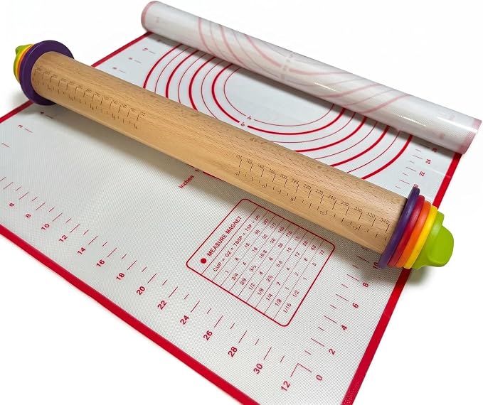 Adjustable Rolling Pin with Thickness Rings & Silicone Baking Mat, 13.78" Dough Roller with 4 Multicolored Rings,Wooden Rolling Pins for Baking, Bread, Pizza Doughs-Home Baking Gift