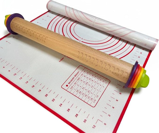 Adjustable Rolling Pin with Thickness Rings & Silicone Baking Mat, 13.78" Dough Roller with 4 Multicolored Rings,Wooden Rolling Pins for Baking, Bread, Pizza Doughs-Home Baking Gift