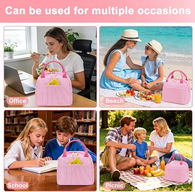 LEDAOU Lunch Box for Women Insulated Lunch Bag Corduroy Lunch Tote Bags Leakproof Cooler Lunch Case for Travel Work Picnic (K-Stripes-Pink)