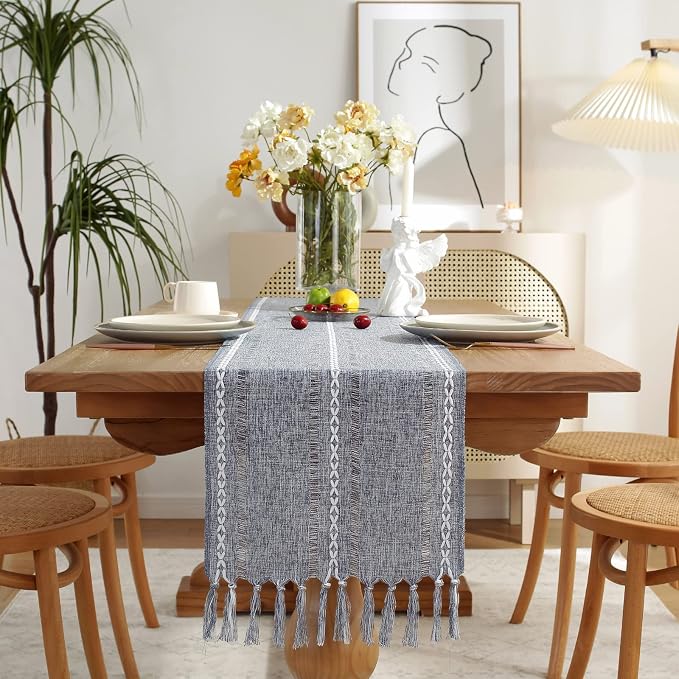 Rustic Boho Table Runner, Farmhouse Table Runners 90 Inches Long for Kitchen Dining Room, 13x90 Inches, Blue Lines