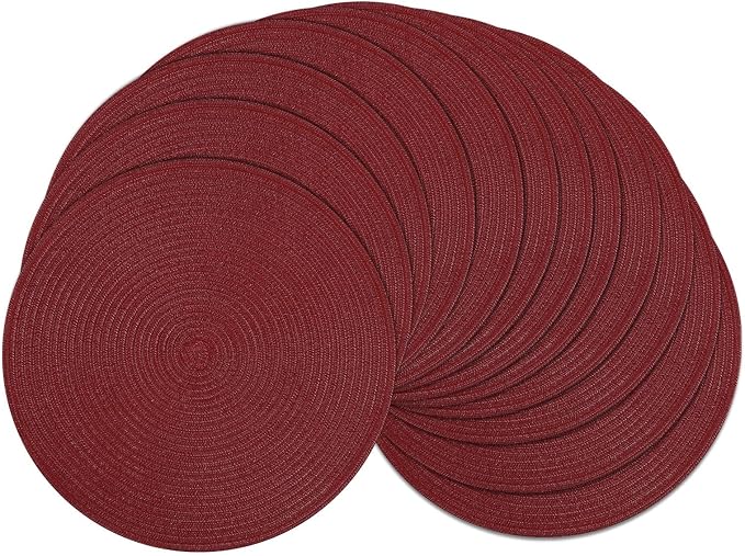 SHACOS Round Placemats Set of 12 for Dining Table 15 inch Round Braided Place Mats Cotton Polyester Washable Non Slip Kitchen Table Mats, Burgundy