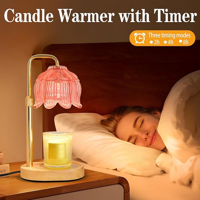 Candle Warmer Lamp with Timer Dimmer, Adjustable Height Candle Wax Warmer, Christmas Birthday Gift for Mom Women,House Warming Gifts for New Home Bedroom Decor,(Lotus Flower-Pink)