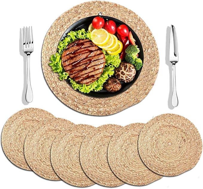 6 Pack Round Woven Placemats,13 inch Plate Chargers Natural Wicker Placemats Water Hyacinth Straw Braided Tablemats Rattan Tablemats Rustic Weave Placemats for Dining Table