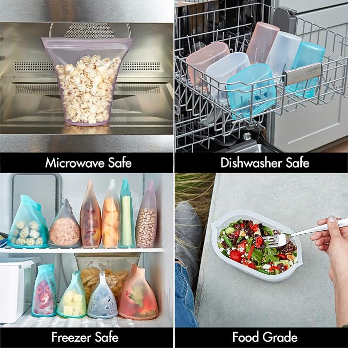 Zip Top Reusable Food Storage Containers Full Set of 8 Lavender – Platinum Silicone Cups, Dishes & Bags – Microwave, Dishwasher & Freezer Safe – Made in USA, BPA-Free