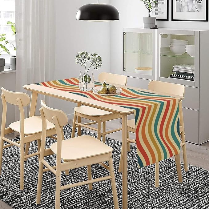 Retro Groovy Rainbow Table Runner Vintage Abstract Wavy Swirl Twisted Colorful Hippie Dinner Runner for Farmhouse Country Home Kitchen Dining Table Party Holiday Decor 13x70in