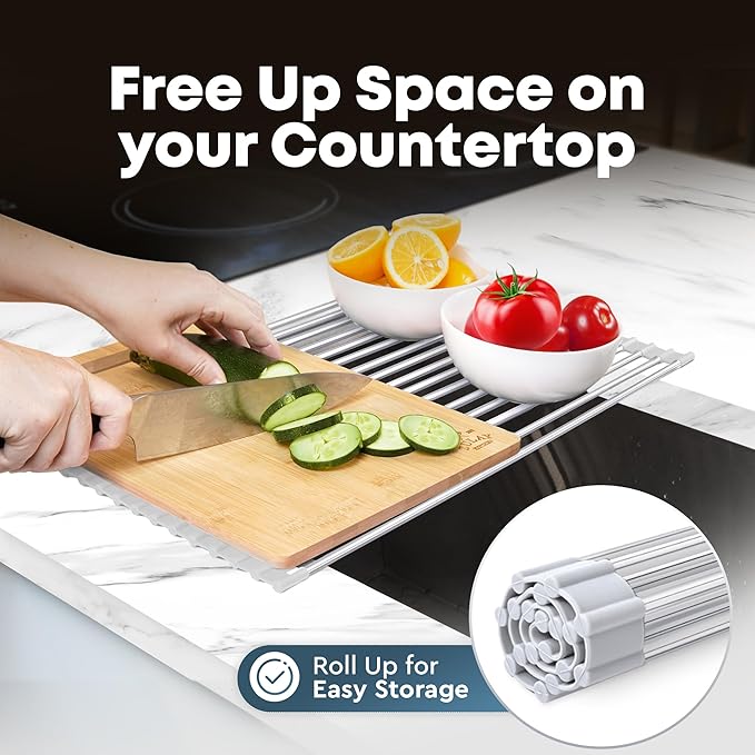 Zulay Kitchen Over The Sink Dish Drying Rack, Roll Up Heavy Duty Stainless Steel Design for Easy Storage & Durability | Dishwasher Safe 17.5” x 12.5