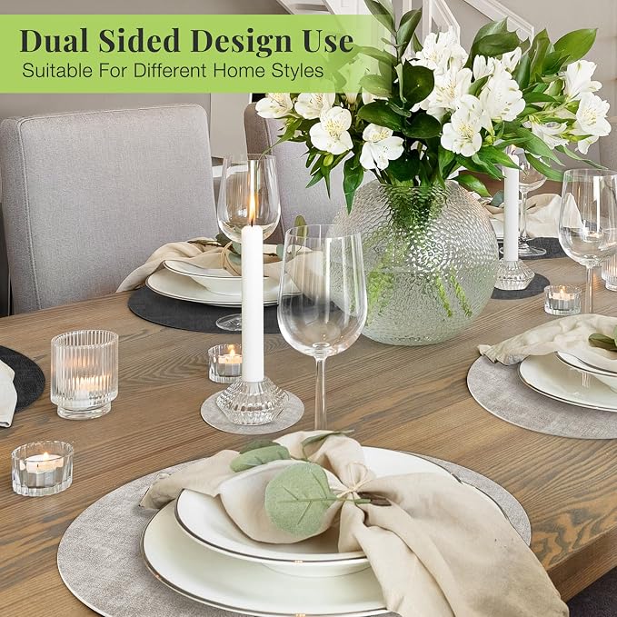 13-Inch Faux Leather Round Placemats Set of 8, Waterproof Anti-Slip Dual Sided Place mats, Heat Resistant Washable Table Mats with Coaster, Suitable for Indoor & Outdoor (8, Black Light Gray)