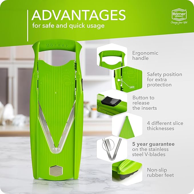 Börner Mandoline Slicer V5 (Basic Set) • Vegetable V-Slicer for Slices in 4 Thickness Settings • Stainless Steel V-Blade • Adjustable Kitchen Slicer for Vegetables & Fruits • Color: Green