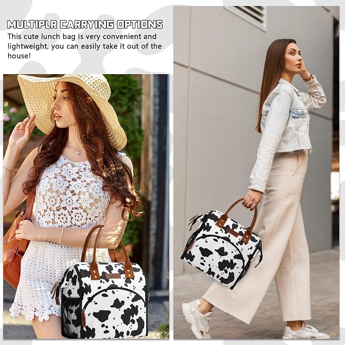 LOKASS Lunch Box for Women-Insulated Adults Lunch Bag with Front Pocket-Cute Lunch Tote for Work-Reusable Cow Print Cooler Bag for Office Picnic Beach or Travel