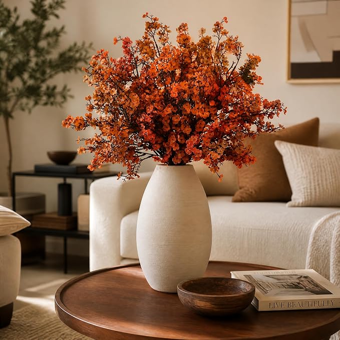 Waipfaru 15Pcs Fake Flowers Babys Breath Silk Artificial Orange Flowers Gypsophila Bouquets Bulk Real Touch Fall Stems for Fall Thanksgiving Autumn Decor DIY Floral Arrangement Table Centerpieces