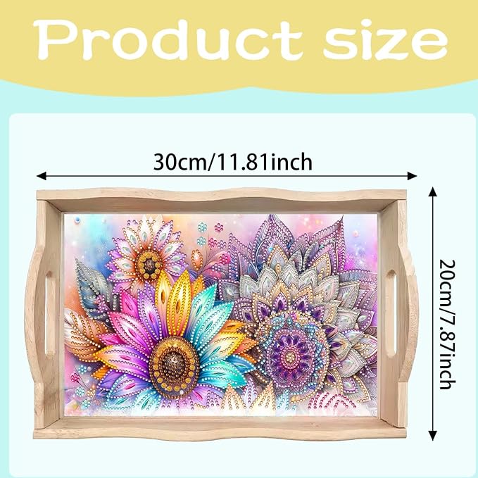 BAYUNOE DIY Diamond Serving Tray Christmas Rectangular Breakfast Tray with Handle Handmade Diamond Art Painting Wooden Tray for Dinner Plate Coffee Room Living Home Organizer-Mandala