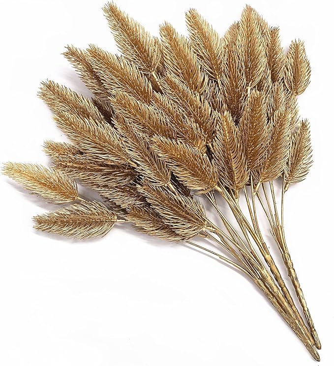 CATTREE Artificial Gold Plants Plastic Fake Grass Faux Shrubs Simulation Bushes Home Indoor Outdoor Garden Leaves Wedding Festival Decoration Hall Table Planter Filler – Golden Pine Cones 4 Pack