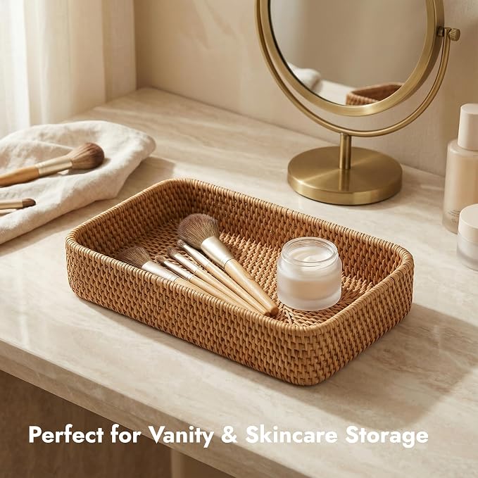 9.8" x 5.3" Rattan Tray, Wicker Decorative Tray, Woven Tray Rectangular, Natural Vanity Tray, Catchall Organizer Storage for Bathroom Kitchen Counter Entryway Coffee Bar Nightstand (Rectangular S)