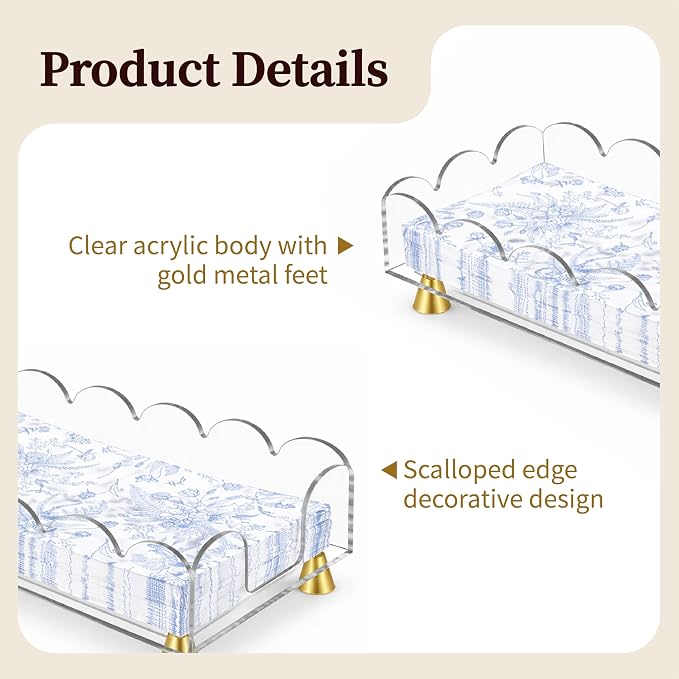 Acrylic Napkin Holder with Gold Metal Feet - Elegant Clear Tissue Organizer for Bathroom, Dining Table & Vanity (Rectangle)