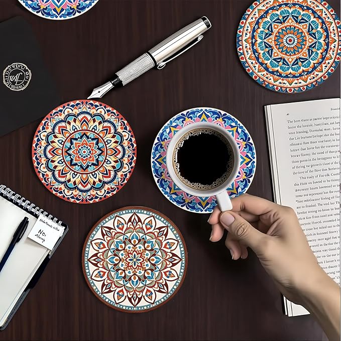 zcyhtqp, Funny Absorbent Round Ceramic Stone Coasters Set of 4 with Cork Base, Mandala Drink Coasters, Ceramic Boho Coasters, Gifts for Home, Kitchen, Bar, Office Table Décor