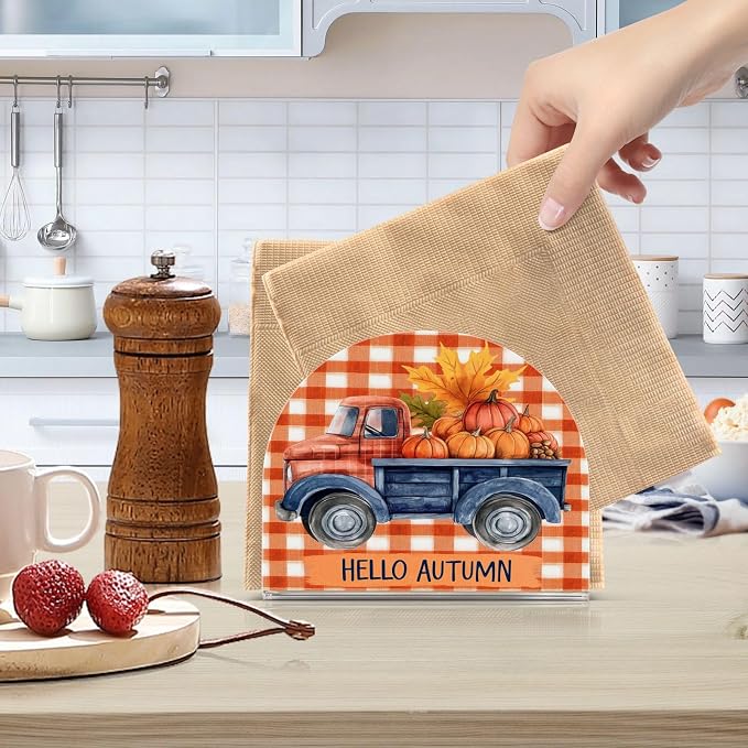 Napkin Holder Acrylic Cocktail Napkin Holder for Table Kitchen Party Restaurant Bar U Shaped Upright Napkin Dispenser Organizer Fall Truck Pumpkins Maple Leaves