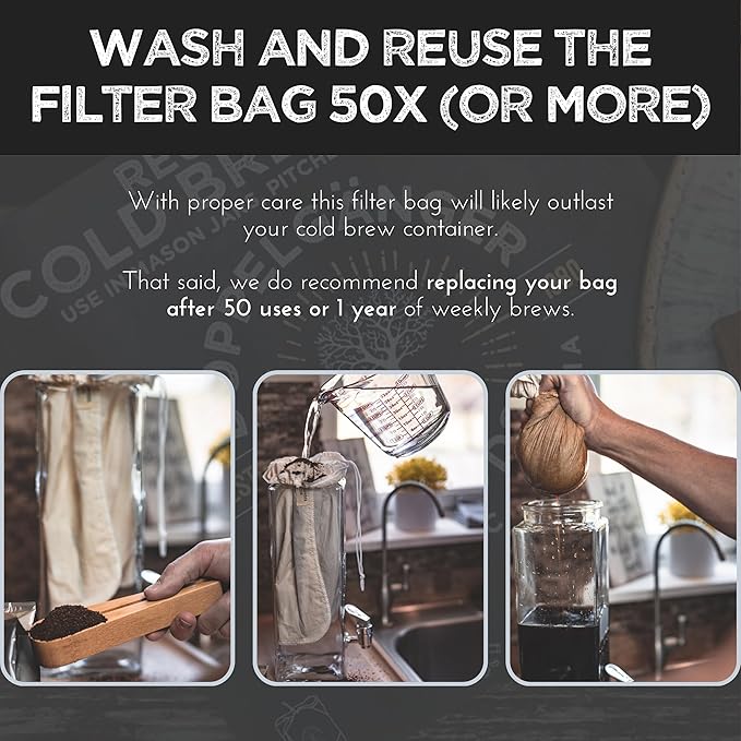 (2-Pack, Large 12in x 12in) Organic Cotton Cold Brew Coffee Bag - Designed in California - Reusable Coffee Filter with EasyOpen Drawstring Cold Brew Maker for Pitchers, Mason Jars, & Toddy Systems