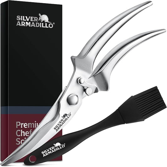 Heavy Duty Poultry Shears - Professional Stainless Steel Kitchen Scissors for Bone, Chicken, Meat, Fish & Vegetables - Spring Loaded (Stainless Steel handles)