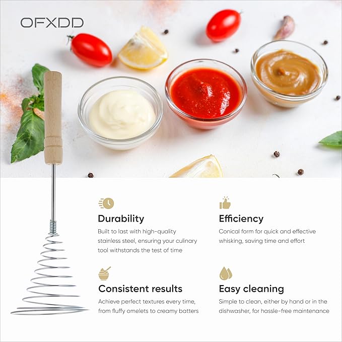 Stainless Steel Spring Coil Whisk 1 Pcs - Wire Whip Egg Whisk with Wooden Long Handle - Heavy Duty Whisks for Cooking