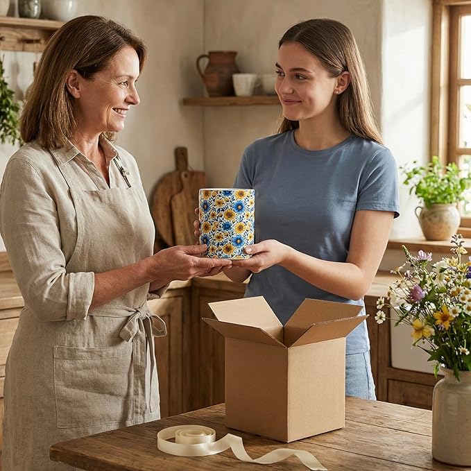 MyGift Vibrant Blue and Yellow Floral Ceramic Kitchen Utensil Holder – Decorative Crock for Cooking Utensils, Flatware, and Countertop Storage