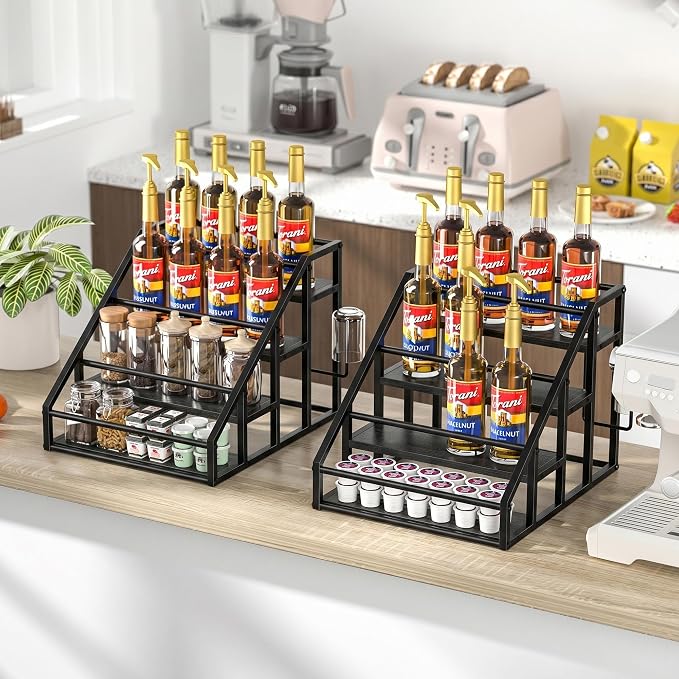 Coffee Syrup Rack Organizer, Spice Racks, Syrup Bottle Holder Stand for Coffee Bar, 4-Tier 16 Bottles Storage Shelves for Syrup, Wine, Dressing for Kitchen Countertop,Black