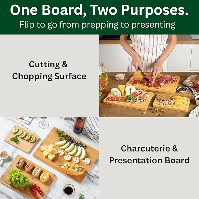 Big Kitchen 3-Piece Bamboo Cutting Board for Kitchen Butcher Block for Chopping Meat, Veggies & Cheese Durable Non-Plastic Wooden Chopping Board with Juice Groove & Easy Grip Handles