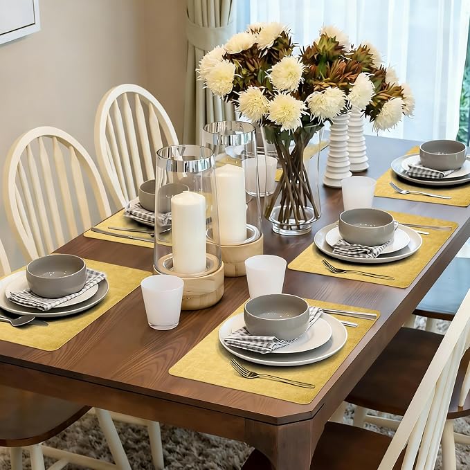 Maxpearl Faux Leather Placemats Set of 6 - Waterproof - Wipe Clean - Heat Resistant - Anti Slip Dining Table Place Mats, Suitable for Indoor & Outdoor Use, 17’’×12’’, Yellow