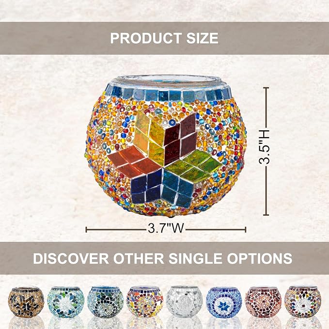 KAFTHAN Mosaic Glass Large Single Candle Holder - Round Bowl, Plant Pot, Votive Candle Holder - Decorative Vase & Unique Table Centerpiece for Wedding, Ball & Home - (3.7" x 3.5", Multicolor Star)