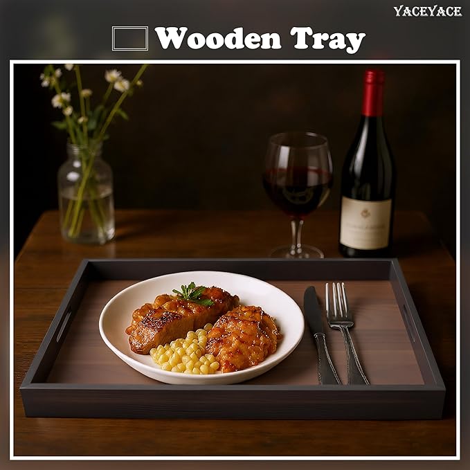 Wood Serving Tray Large, 17"x12"x1.5" Large Serving Tray with Inset Handle for Ottoman, Home Decor, Bathroom, Party, Dining, Coffe Table