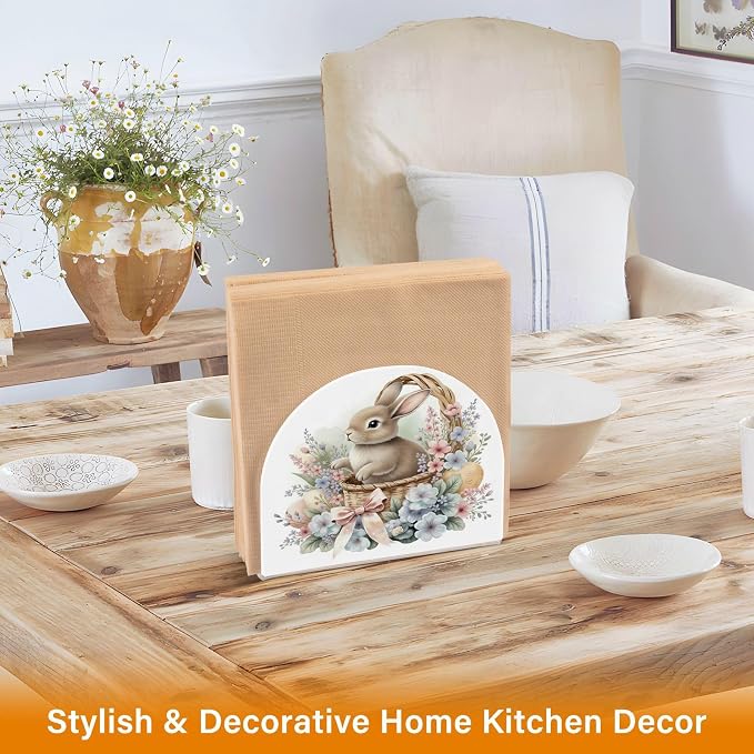 Cute Watercolour Little Rabbit Easter Napkin Holder for Tables Paper Cocktail Napkin Holders for Kitchen Dinning,Acrylic Dinner Napkin Dispenser for Restaurant Home Decor Bar Accessories 2 Pack