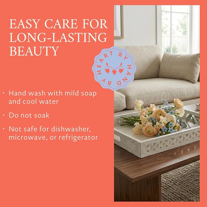 Mela Artisans Trellis Whitewash Mango Wood Serving Tray with Handles – Handcrafted Wooden Tray for Coffee Table, Kitchen Countertop, Snacks & Home Decor – Medium, 16 x 12 x 2.5