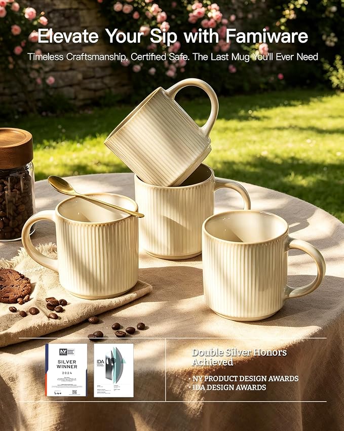 famiware Coffee Mug Set for 4, Star 12 oz Catering Mugs Cup Set with Handle for Coffee, Tea, Cocoa, Milk - Ceramic Stoneware Drinkware Set, Vanilla White