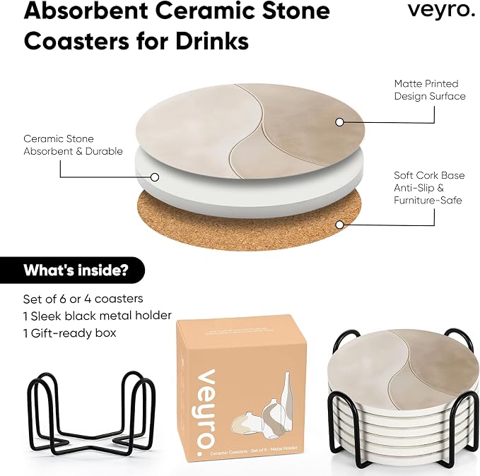 VEYRO Ceramic Coasters Set of 6 – Absorbent Stone Drink Coasters with Holder, Non-Slip Cork Backing, Modern Marble Look Coasters for Coffee Table, Desk & Home Decor