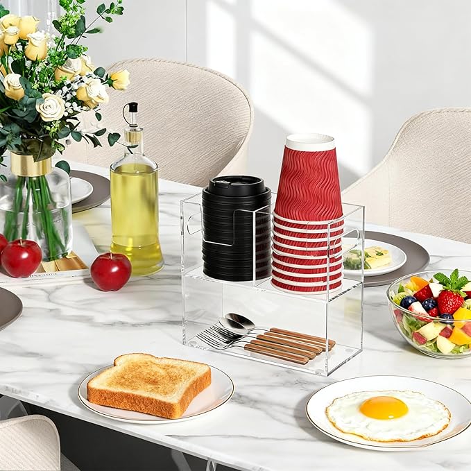 MYITYARD Cup Storage Organizer, Coffee Station Caddy, Clear Acrylic Cup and Lid Holder, Coffee Condiment Bar Accessories for Pods, Sugar, Creamer, Syrup, 3 Compartments, 8.3 x 4.3 x 7.9 Inches