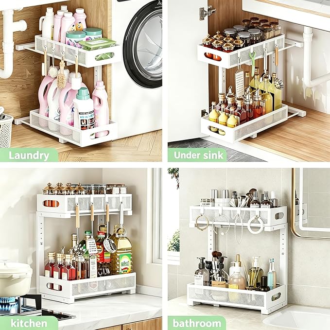 Under Sink Organizer, Pull Out Cabinet Organizer, White | Rustproof Carbon Steel, 2 Tier Mesh Sliding Drawers, 5-Level Height Adjustable to Bypass Pipes, for Kitchen Bathroom Laundry