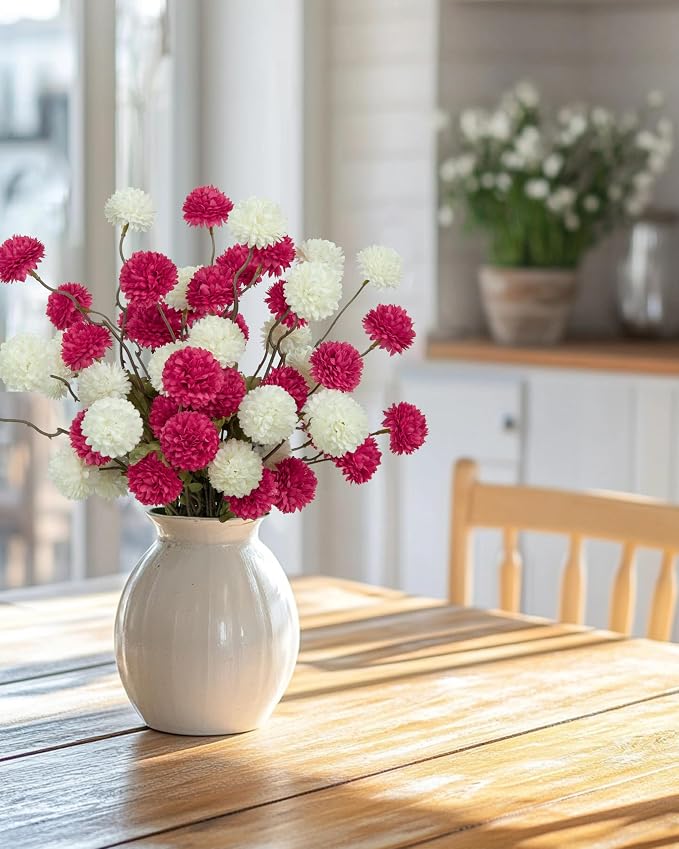 DuHouse 6pcs Artificial Flowers Faux Silk Pompon Mum,Silk Small Mini Chrysanthemum Ball with Stems for DIY Wedding Bouquets Centerpieces Vase Home Table Kitchen Decorations(Hot Pink)